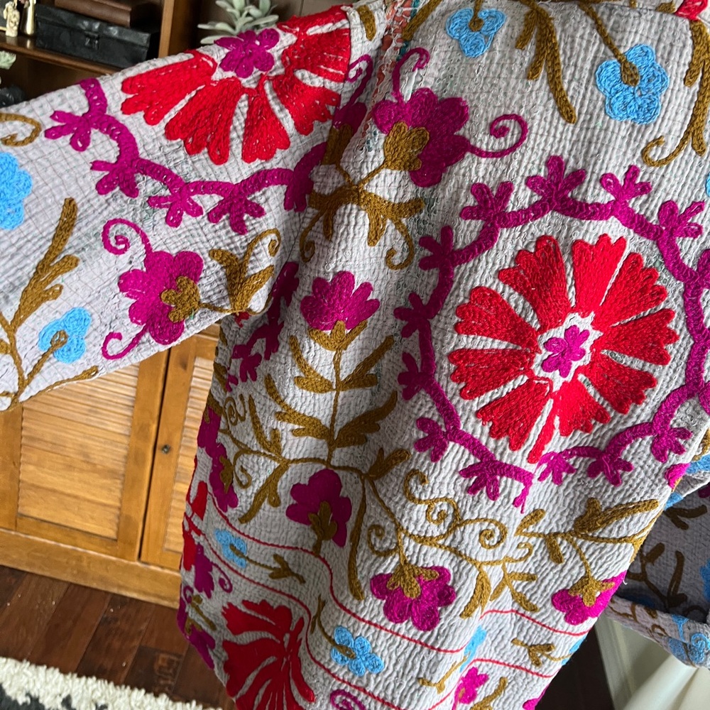 She’s1Oak Fine Kantha Suzani Embroidered Multicolor Short Jacket Kimono XS-L - Picture 10 of 16